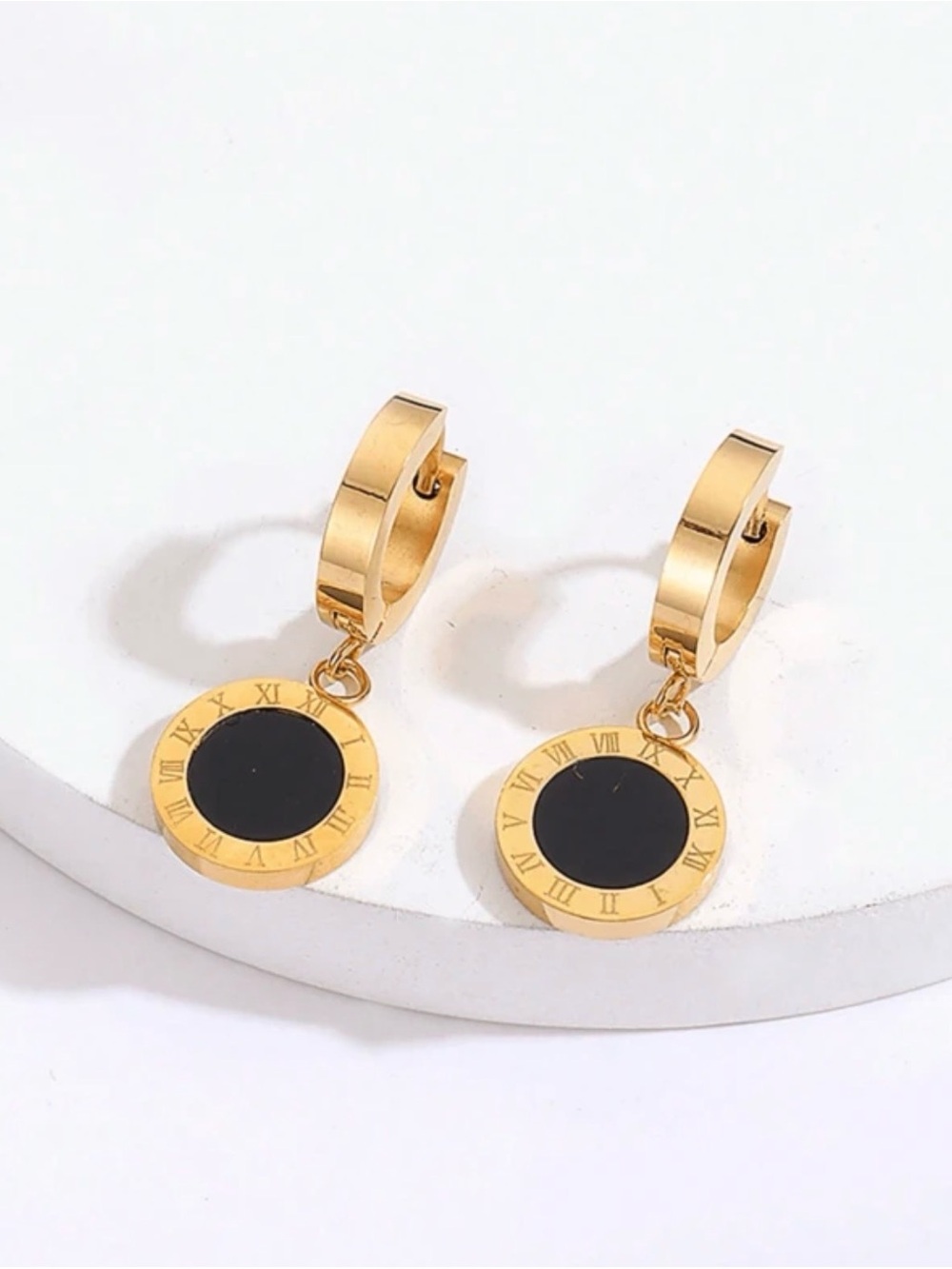 Gold Hoop Drop Earrings with Black Disk and Roman Numerals